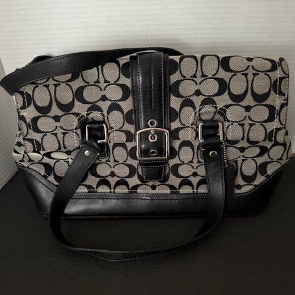 Coach Black Gray Canvas Leather Hampton Flap/Satchel Bag - Picture 1 of 6